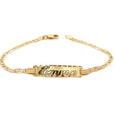 Cherish the Moment with our 14k Yellow Gold Kids and Baby ID Bracelet: Crafted in the timeless Tri-Gold Valentino Link style, this bracelet is a symbol of Elegance and Love. We believe in the power of personalization. Your child's name is expertly cut from solid 14k Gold and elegantly overlaid on the bracelet, creating a one-of-a-kind accessory. Additionally, you have the option to engrave a significant date on the back of the nameplate, transforming this bracelet into a cherished keepsake.  Whether it's a birth, a baptism, or simply an expression of love, this 14k Gold Kids ID Bracelet is a heartfelt and timeless gift that symbolizes the beauty of childhood and the joy of growing up. Order this beautiful bracelet today and look forward to receiving it within 4 business days within the Uni Baby Boy Jewelry Gold Bracelets, Heirloom Adjustable Gold Jubilee Bracelet, Adjustable Heirloom Gold Jubilee Bracelet, Adjustable Heirloom Style Gold Jubilee Bracelet, Classic Engraved Yellow Gold Diamond Bracelet, 14k Gold Name Bracelet For Anniversary, Classic Yellow Gold Name Bracelet, Tarnish Resistant, Classic Yellow Gold Name Bracelet Tarnish Resistant, Elegant Adjustable 14k Stamped Jewelry