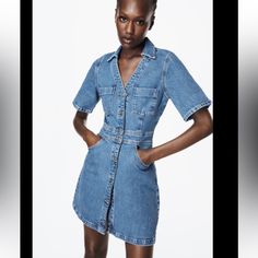 Zara Denim Tapered Buttons Dress Denim Shirt Dress Outfit, Zara Denim Dress, Zara Printed Dress, Women Dress Collection, Plain Maxi Dress, Shirt Dress Outfit, Boho Dresses Long, Tent Dress, Black Short Dress