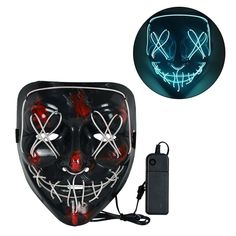 an image of a neon mask with red and green lights on the face, next to a charger