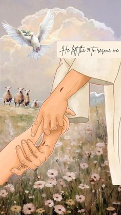 two hands holding each other in front of a field with sheep and birds flying overhead