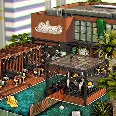 Sims Club Ideas, Sims Lounge Ideas, Sims 4 Hangout Lot, Stargazer Lounge Sims 4, Sims 4 Rooftop Lounge, San Myshuno Builds, Sims 4 Lounge, Sims 4 Club, Sims 4 Bar