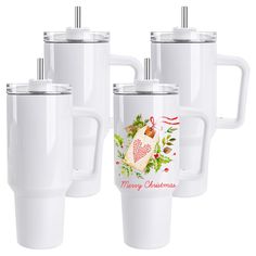 four white coffee mugs with merry christmas designs on the front and sides, one is empty