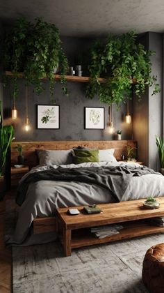 a bed room with a neatly made bed and lots of plants