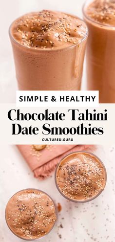 two glasses filled with chocolate tahini date smoothies on top of a white table