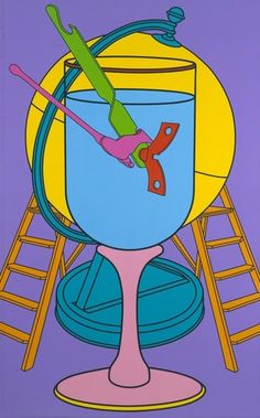 an image of a painting of a blue cup with toothbrushes in it and ladders to the side