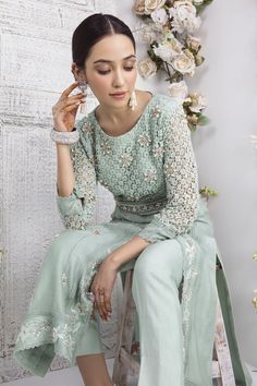 Gypsy Teal | Pakistani Designer Outfit | Sarosh Salman Silk Thread Embroidery, Crochet Bodies, Pearl Work, Designer Outfit, Printed Dupatta, Pure Chiffon, Pakistani Designers, Shalwar Kameez, Summer Suits