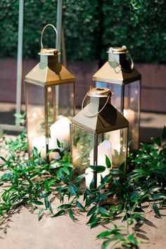 three lanterns are sitting on the ground with greenery around them and one lantern is lit up