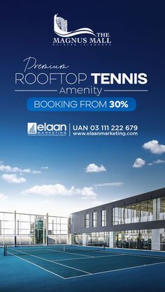 a tennis court with the words roof top tennis and an image of a building in the background