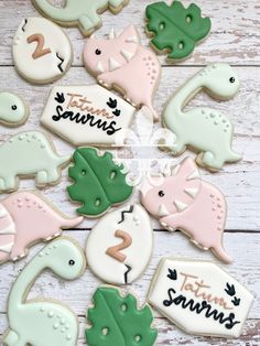 decorated cookies are arranged in the shape of dinosaurs and dinosaurs with words on them