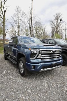 the blue truck is parked next to other vehicles in the parking lot, with trees and bushes behind it