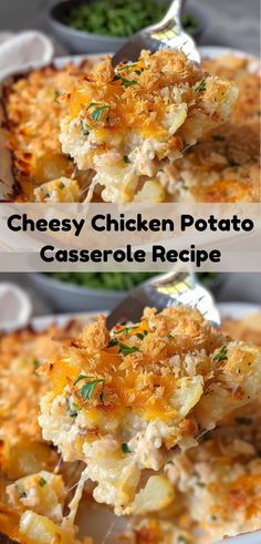 cheesy chicken potato casserole recipe on a white plate with a serving spoon