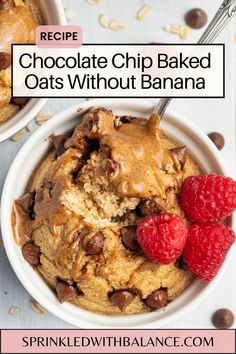 two bowls filled with chocolate chip baked oats and raspberries