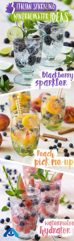 four different glasses filled with fruit and water on top of a white table covered in blueberries