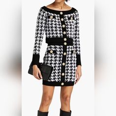 Brand New Balmain Style Houndstooth Black And White Skirt And Top Set Size Large Fits Size Medium White Skirt And Top, Balmain Style, Clubwear Outfits, Tweed Material, Houndstooth Sweater, Button Embellishments, Pattern Jacket, Skirt And Top Set, Black And White Skirt