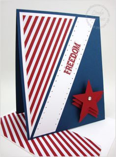 a red, white and blue card with a star on it's side that says freedom