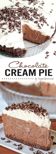 a chocolate cream pie is on a plate