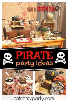 a pirate party with cupcakes, cake and other items on the table in front of it