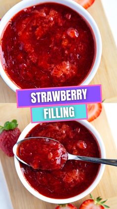 two bowls filled with strawberry filling on top of a cutting board