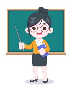 a woman teacher standing in front of a chalkboard with a pointer and book on it