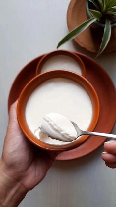 a person is holding a spoon in a bowl of yogurt and some plants