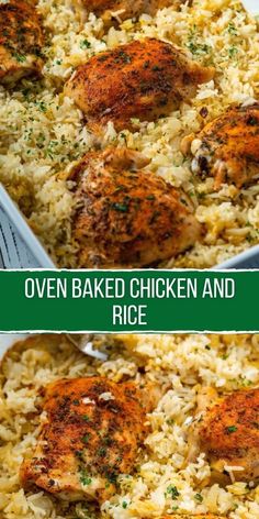 chicken and rice casserole is shown in two separate pans, with the words oven baked chicken and rice recipe below