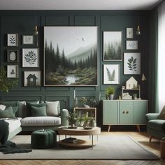 a living room with green walls and pictures on the wall