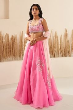 Shop for Zoon Pink Blouse Cutdana Embroidered Lehenga Set for Women Online at Aza Fashions Celebrity Lehenga Designs, Desi Party, Lehenga For Wedding, Cancan Lehenga, Sheer Dupatta, Hot Pink Blouses, Organza Embroidery, Lehenga Blouse Designs, Padded Blouse