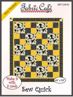 a yellow and black quilt with an image of the words sew quick on it