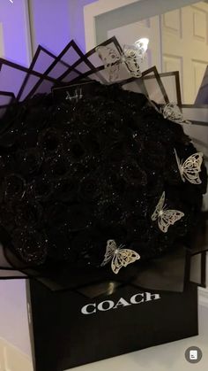 a black box with butterflies on it and the word coach written in white across the top