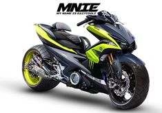 a yellow and black motorcycle is shown on a white background with the words mnte