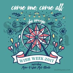 a poster with the words wish week and a ferris wheel in front of flowers on a blue