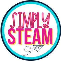 the logo for simply steam is shown in pink, blue and yellow with an origami paper airplane