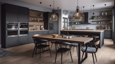 a modern kitchen with wooden floors and gray cabinets, along with an island table surrounded by black chairs