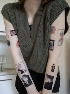 a woman with her arm covered in photos