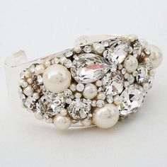 Cheryl King Couture | Statement Bridal Cuff with Large Crystals & Pearls #bridaljewelrystatement Bridal Bracelets, Bracelets Pearl, Bridal Cuff, Pearl Bracelet Wedding, Bridal Jewels, Wedding Bracelets, Pearl Cuff, Unique Jewelry Gifts, Pearl Bridal