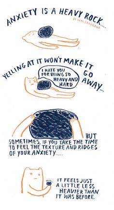 This image is one person's perspective of anxiety. They use a rock as a metaphor for the weight anxiety can carry on a person. The image stresses the importance of seeking supports because doing nothing won't make the pain subside. Instead of ignoring your anxiety, confront it and get to know it. What does it look like to you? What does it feel like to you? It is nothing to be scared of, it is simply a part of you. Take the time to understand it. Positive Vibrations, Coping Skills, Health Awareness, Emotional Health, Self Help, Mindfulness, Feelings, Health, Quotes