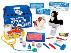 the pet vet kit is packed with toys and supplies