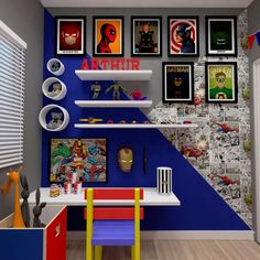 a kid's room decorated in blue, red and yellow with pictures on the wall