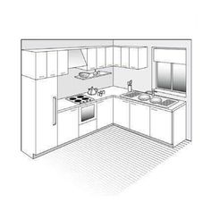 an outline drawing of a kitchen with sink, stove and oven in it's center