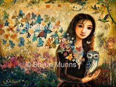 a painting of a girl holding an owl in front of a tree with butterflies on it