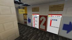 a row of doors in a room with signs on the walls