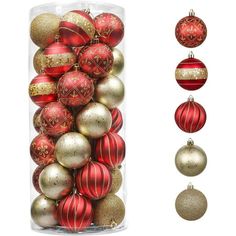 a bunch of red and gold christmas ornaments