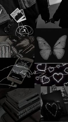 a collage of black and white images with butterflies, books, and other items