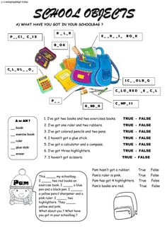 the school objects worksheet is shown in black and white, with text on it