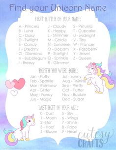 a unicorn themed baby shower game with the words find your unicorn name and pictures on it