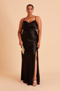 Featuring a 90's cowl neck, this floor-length shiny satin bridesmaid dress is a head-turning statuesque beauty. Available in Black. Our satin midi got a glow-up! | Black Bridesmaid Dress Shiny Satin Size XL | Birdy Grey Lisa Long Black Bridesmaid Dresses Long, Dresses Long Elegant, Black Bridesmaid Dress, Satin Gowns, Black Bridesmaid, Satin Bridesmaid Dress, Birdy Grey, Satin Dress Long, Black Bridesmaid Dresses