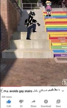 someone is doing tricks on their skateboard at the bottom of some stairs with colorful steps behind them