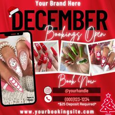 December bookings open flyer Nails Flyer Design, Nail Advertising, Black Friday Nails, Arbonne Marketing, Nail Journey, Advert Design, Digital Flyer, Hair Christmas, Christmas Flyer Template