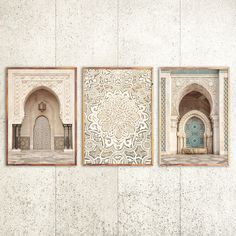 three framed photographs of an ornate door and window on a wall with concrete flooring