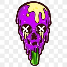 a purple skull with yellow eyes on it's head